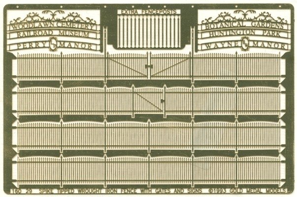 Spike Tipped Wrought Iron Fence -- Includes Gates & Signs - Scale 240′ 73.2m, N, Gold Medal Models 16029