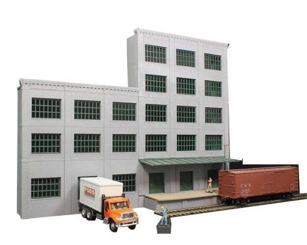 5-Story Building w/2 Overhead Doors, Loading Dock & Covered Dock - Keyrail -- Background Building Kit Includes 20 Double-Hung Wi