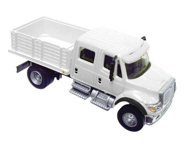 International(R) 7600 2-Axle Crew Cab Truck with Solid Stake Bed - Assembled -- White with Railroad Maintenance-of-Way logo deca