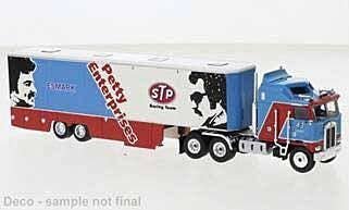 Kenworth K100 Aerodyne Sleeper-Cab Semi Tractor w/Racing Trailer - Assembled -- Richard Petty Enterprises (blue, red, white, bla