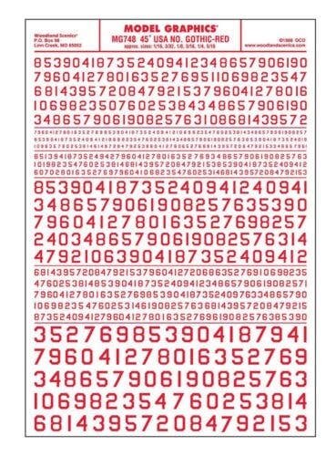 Dry Transfer Numbers Only - 45 Degree USA Gothic (Military Style) -- Red, ALL, Woodland Scenics 748