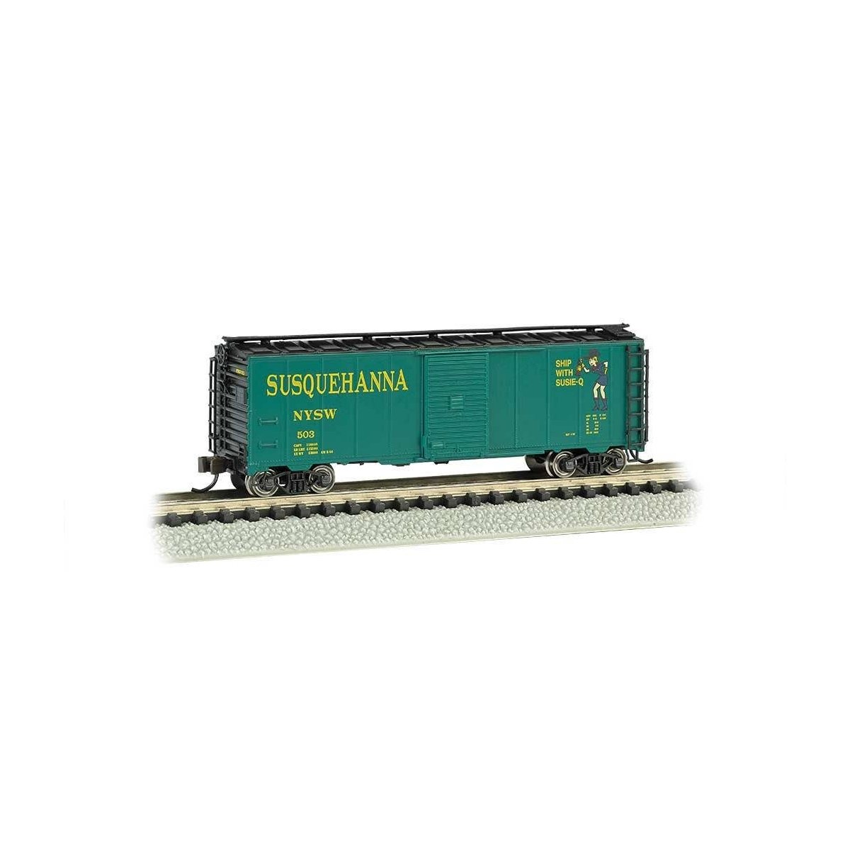AAR 40′ Steel Boxcar - Ready to Run - Silver Series(R) -- New York, Susquehanna & Western (green, black, yellow, ′Suzy Q′ 