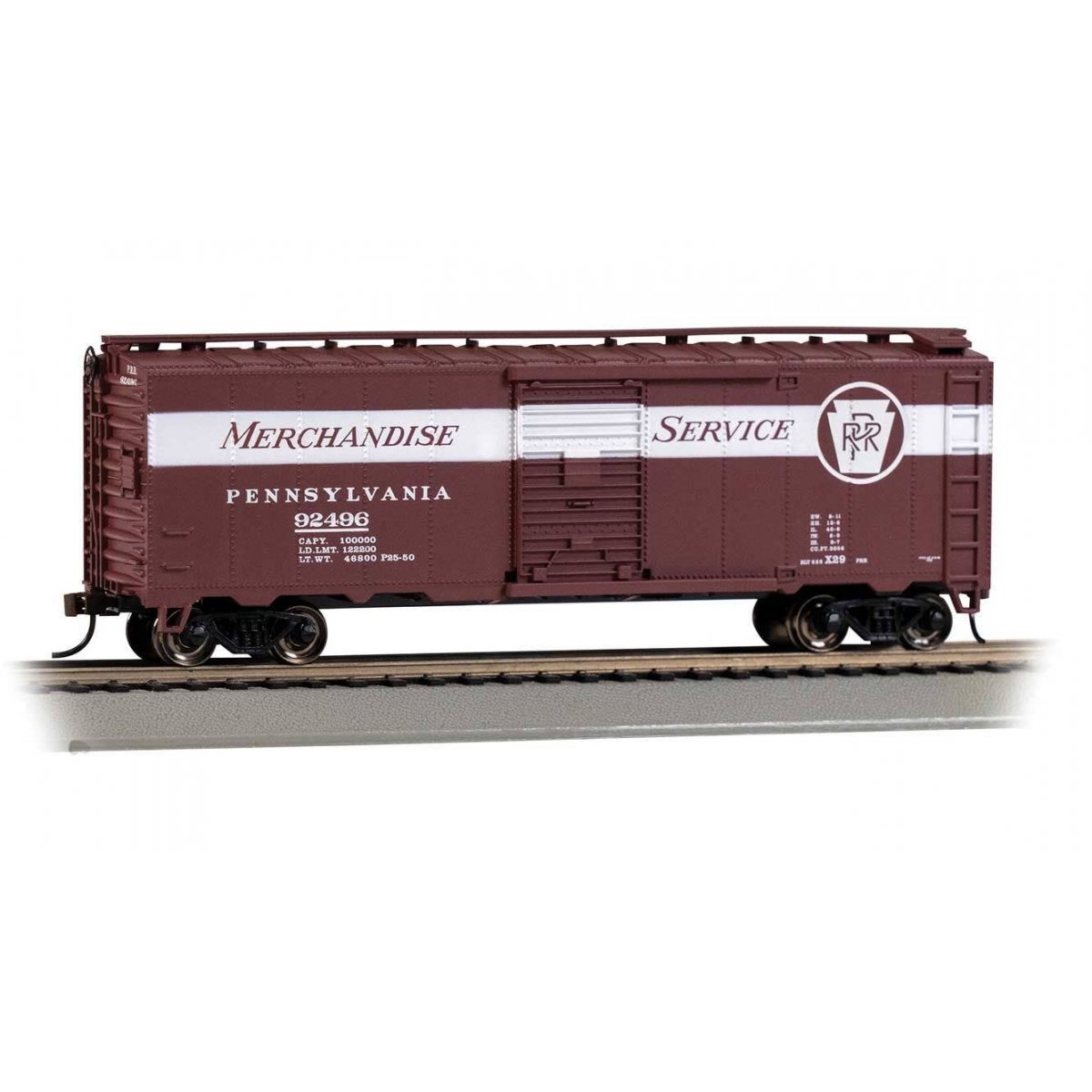 Pullman-Standard PS-1 40′ Steel Boxcar - Ready to Run - Silver Series(R) -- Pennsylvania Railroad 92496 (Tuscan, white Merchan