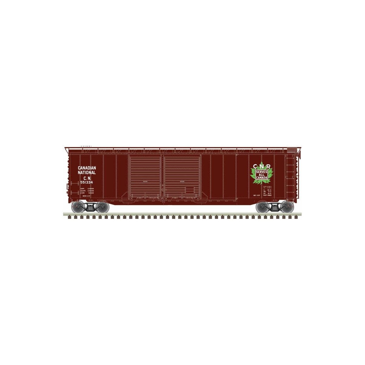 Postwar 50′ Double-Door Boxcar - Ready to Run - Master(R) -- Canadian National 551334 (Boxcar Red, white, green, Leaf Logo)