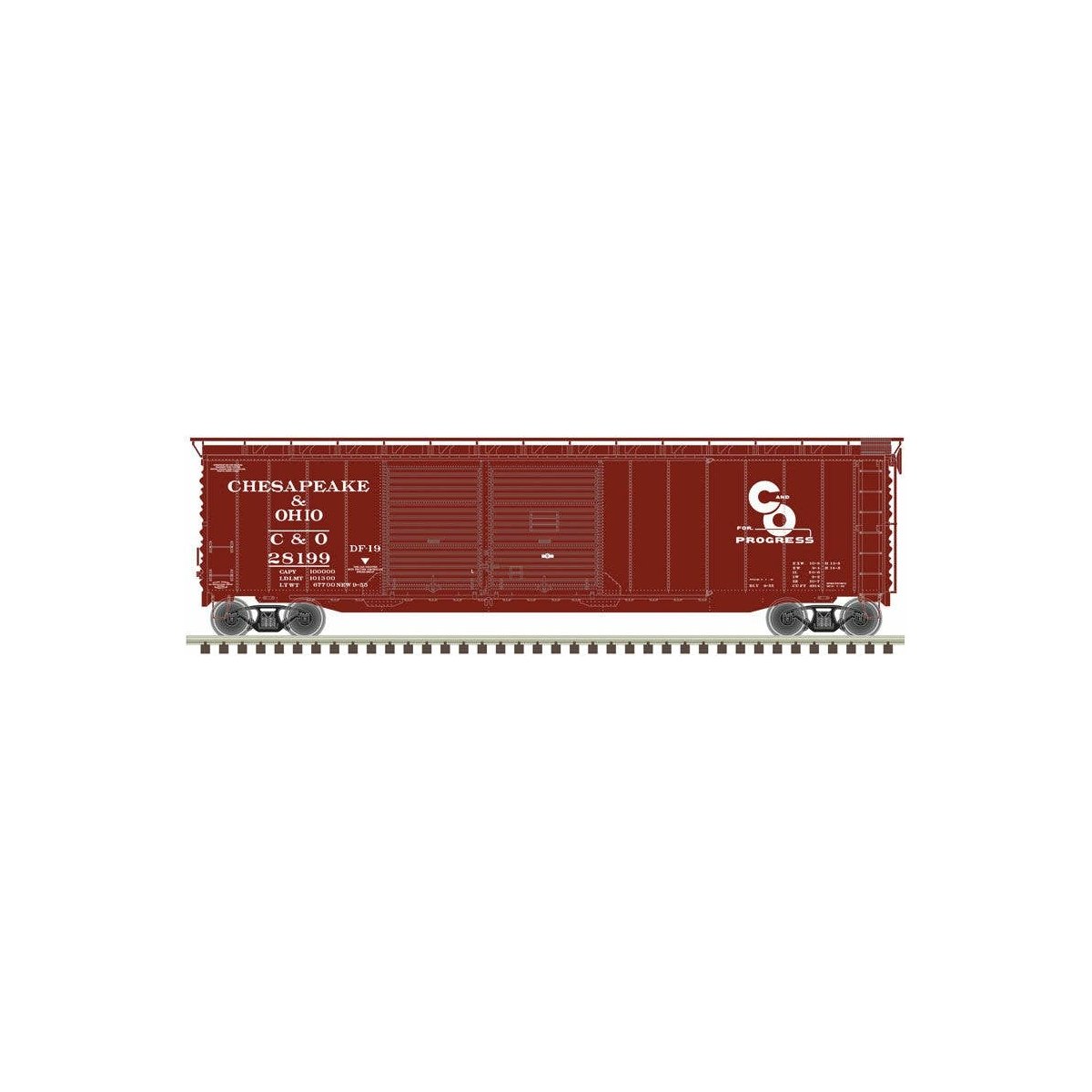 Postwar 50′ Double-Door Boxcar - Ready to Run - Master(R) -- Chesapeake & Ohio 28124 (Boxcar Red, white)