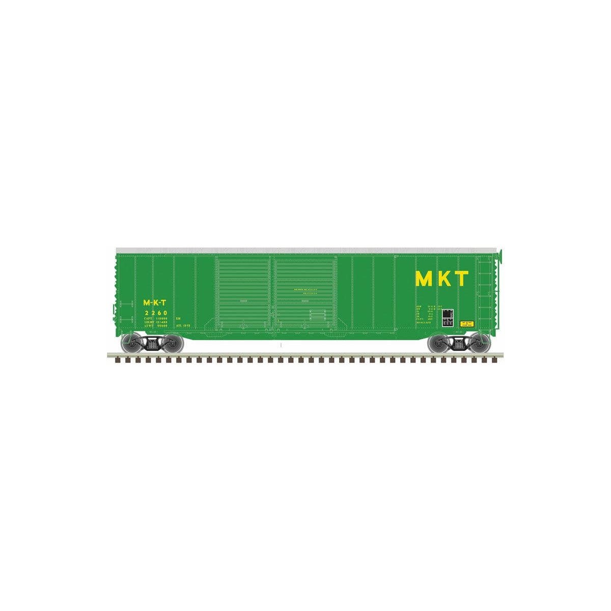 Postwar 50′ Double-Door Boxcar - Ready to Run - Master(R) -- Missouri-Kansas-Texas 2285 (green, yellow)