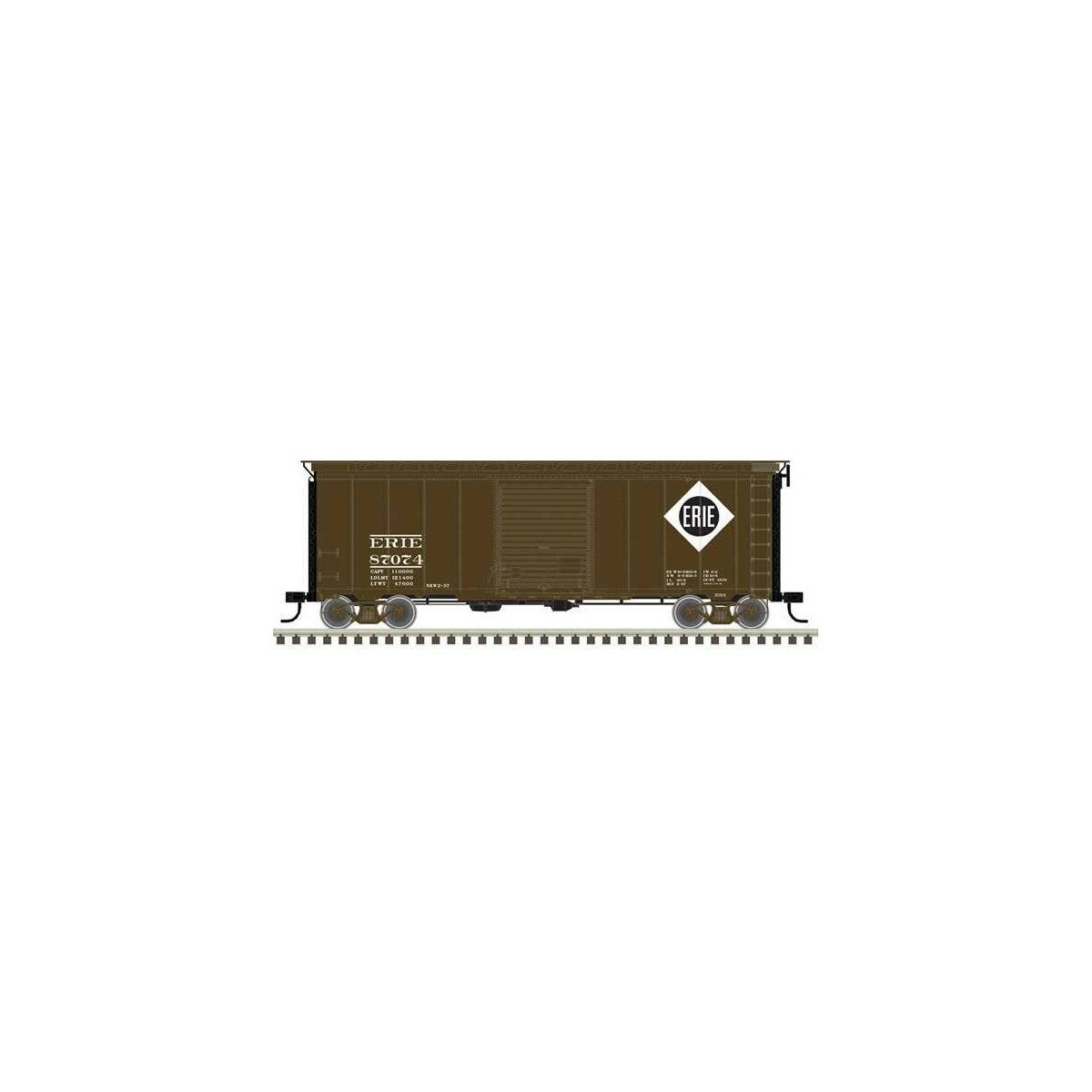 40′ Postwar Boxcar with 8′ Door - Ready to Run - Master(R) -- Erie 87243 (Boxcar Red, white, black)
