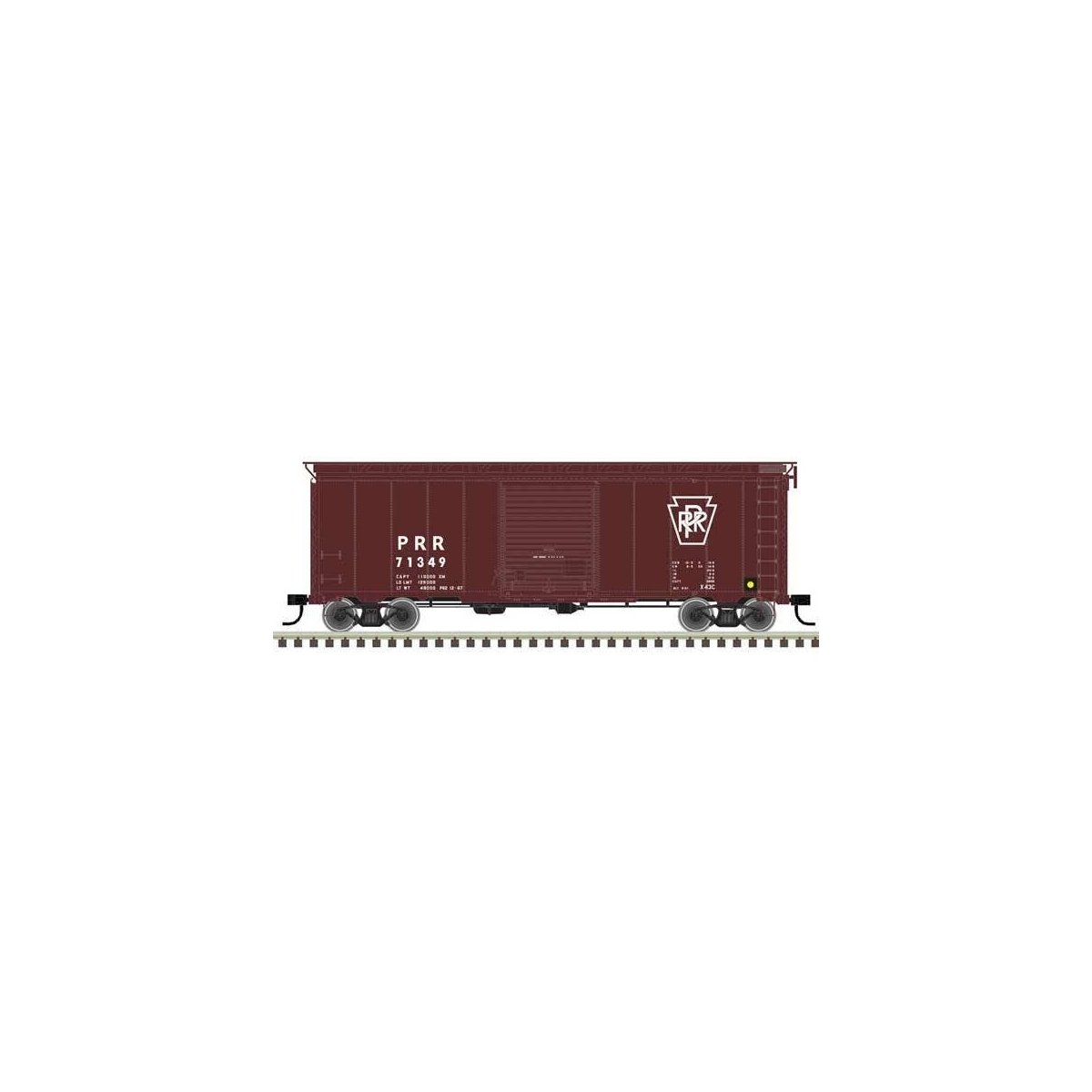 40′ Postwar Boxcar with 8′ Door - Ready to Run - Master(R) -- Pennsylvania Railroad 71349 (Tuscan, white, Plain Keystone, U-