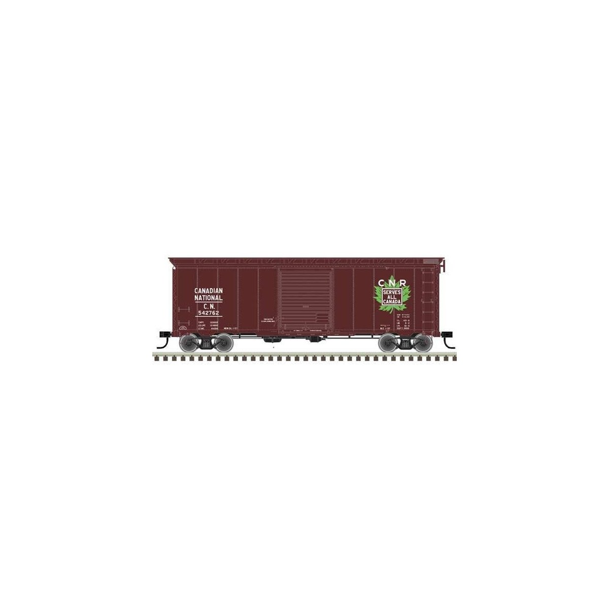 40′ Postwar Boxcar with 8′ Door - Ready to Run - Master(R) -- Canadian National 542762 (Boxcar Red, white, green, Serves All