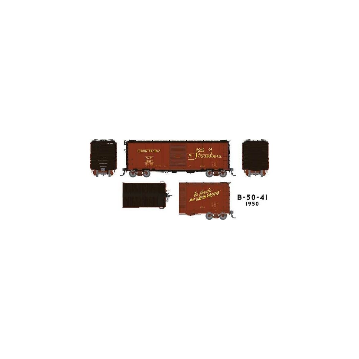 UP Class B-50-41 40′ Boxcar 6-Pack - Ready to Run -- Union Pacific Set 2 (1950 As-Delivered, Boxcar Red, black, Streamliners S