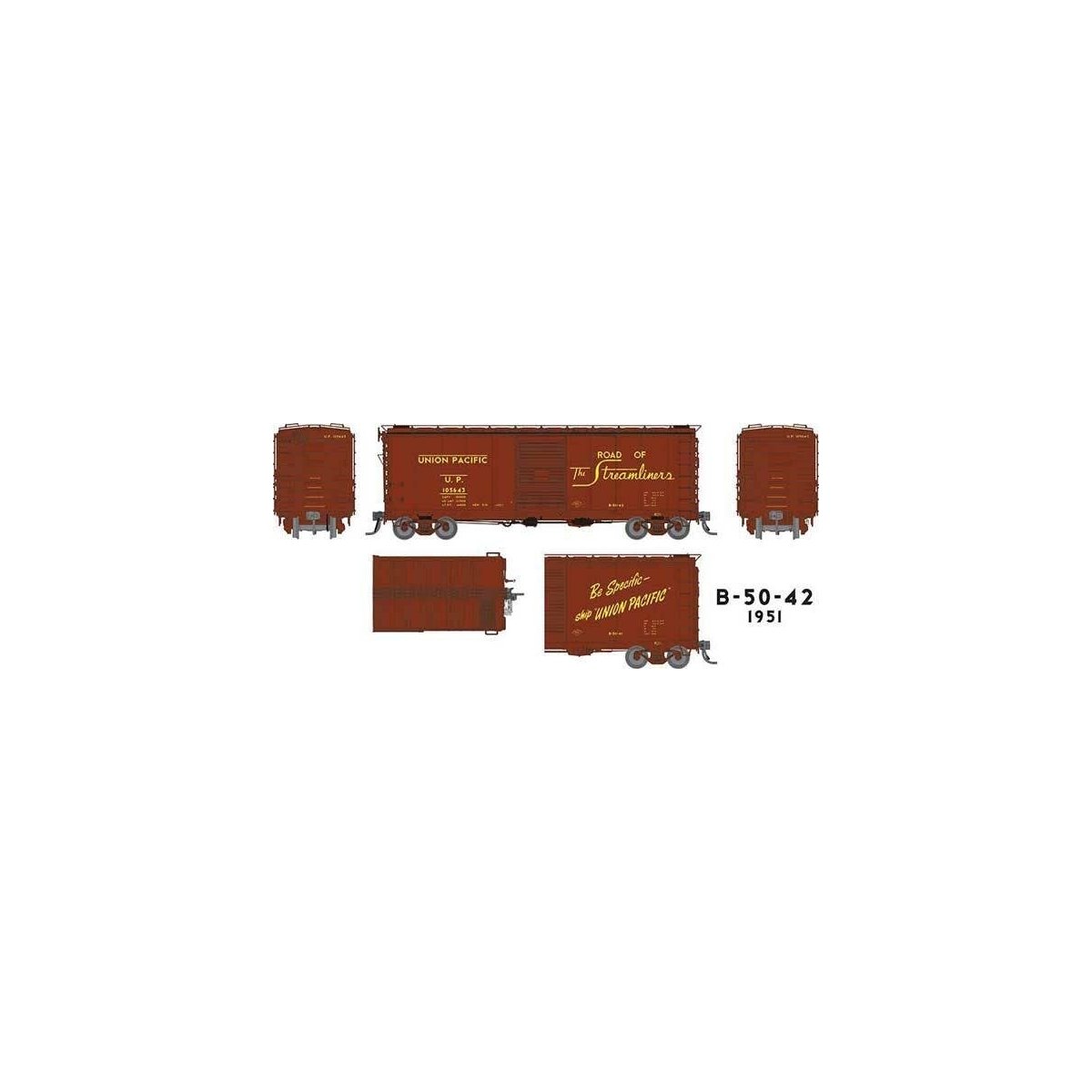 UP Class B-50-42 40′ Boxcar 6-Pack - Ready to Run -- Union Pacific Set 1 (1951 As-Delivered, Boxcar Red, Streamliners Slogan)