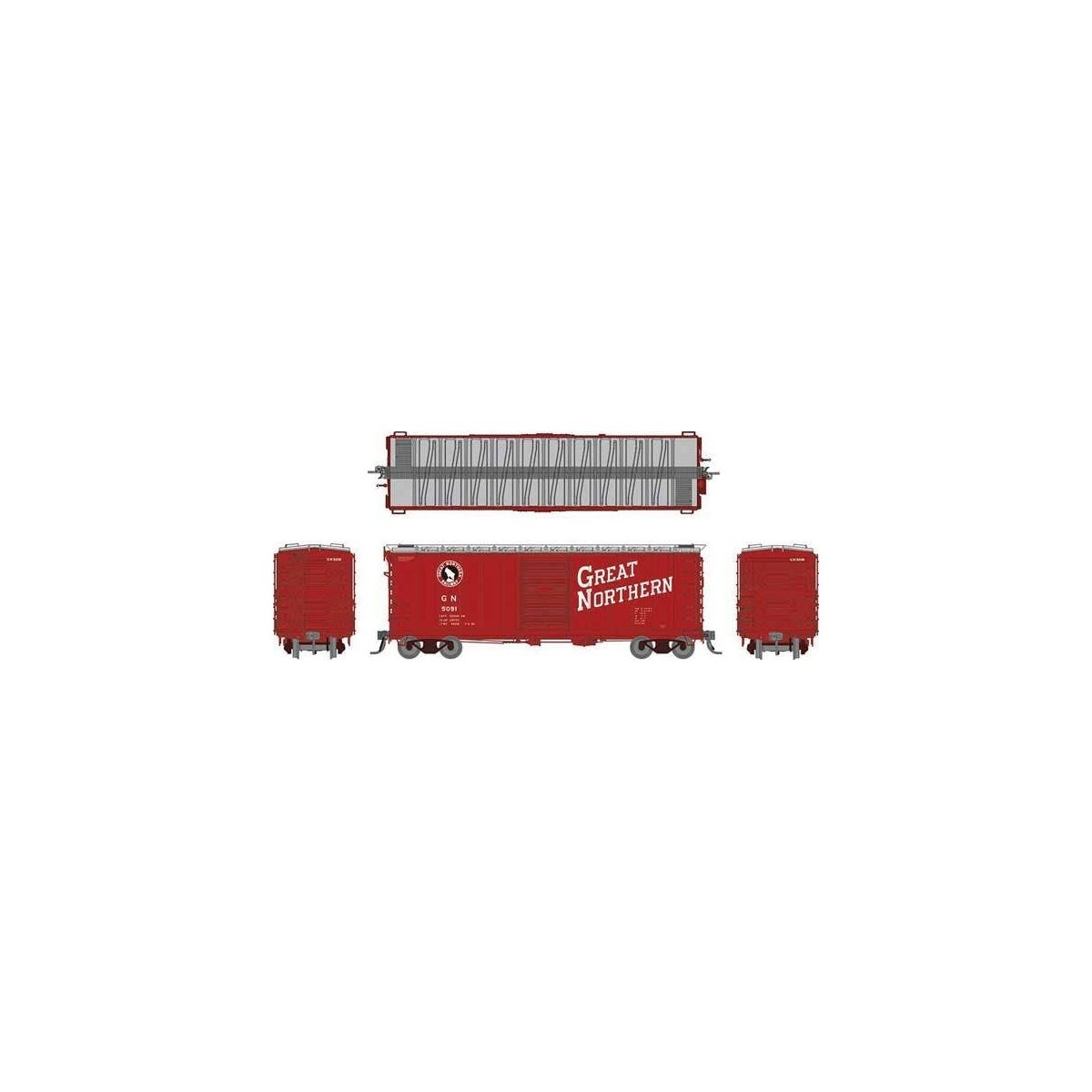 GN 40′ 12-Panel Boxcar w/Late Improved Dreadnaught Ends - Ready to Run -- Great Northern (Chinese Red, silver, black, white, L