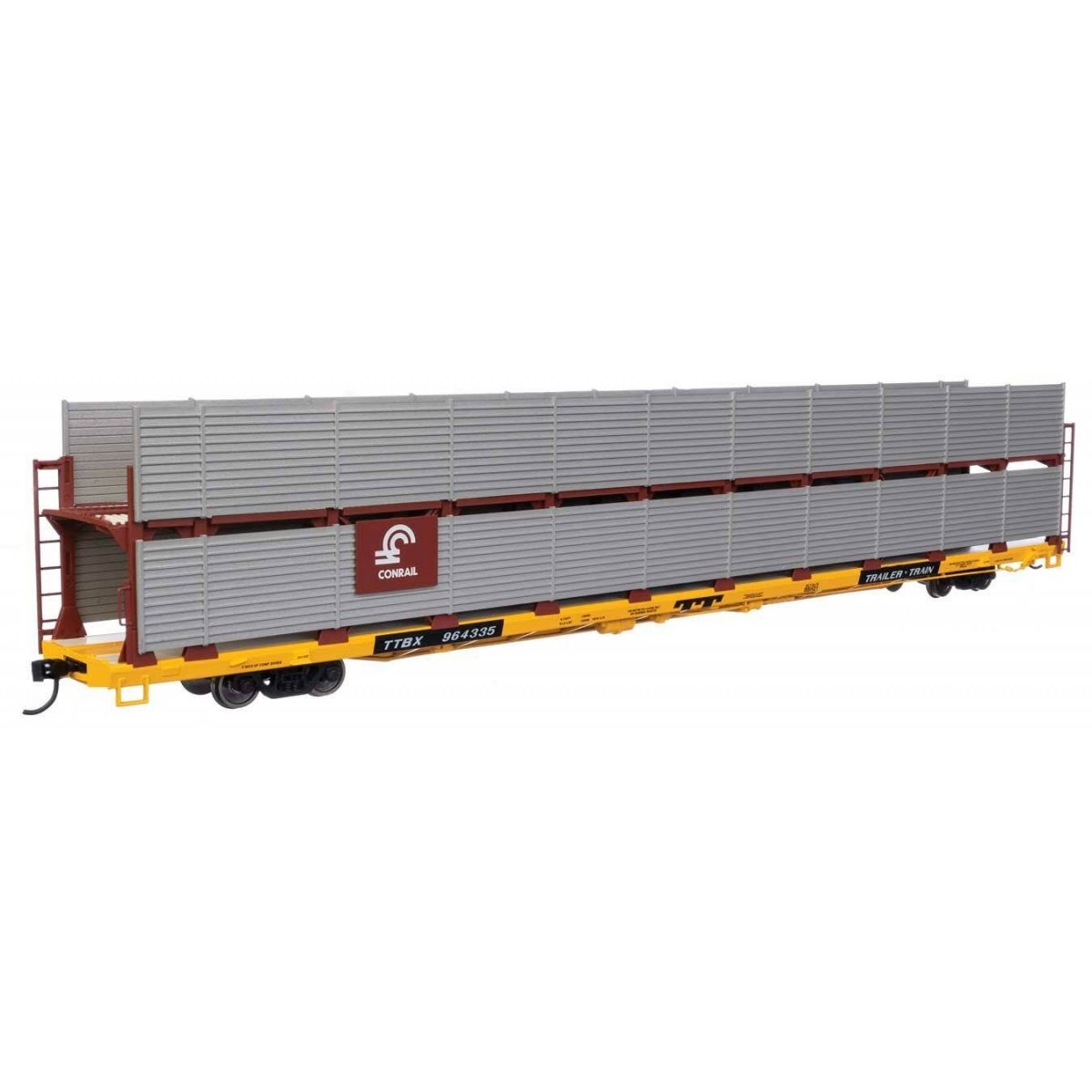 89′ Flatcar w/Bi-Level Shielded Auto Rack - Ready to Run -- Conrail Rack / Trailer-Train Flatcar TTBX 964335