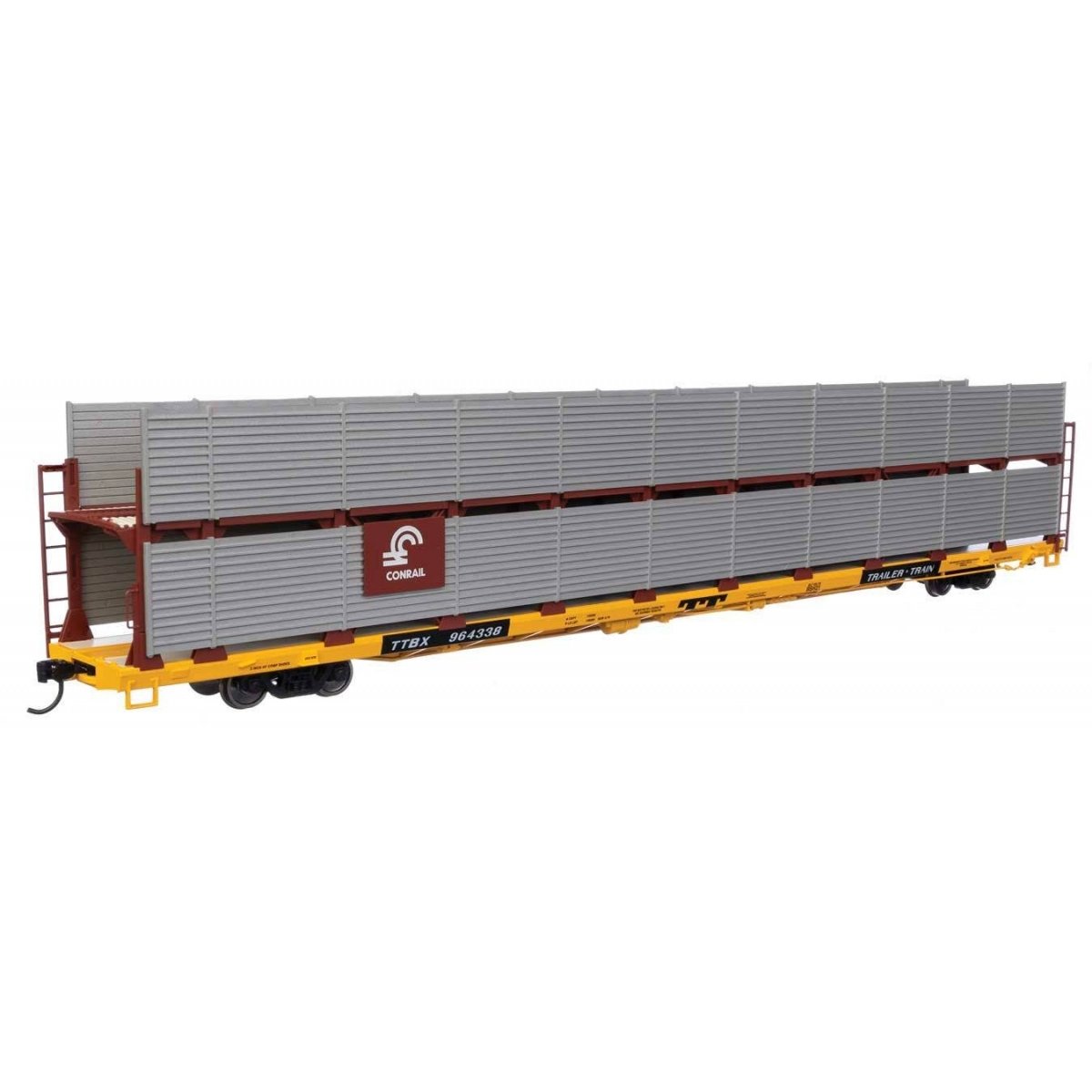 89′ Flatcar w/Bi-Level Shielded Auto Rack - Ready to Run -- Conrail Rack / Trailer-Train Flatcar TTBX 964338