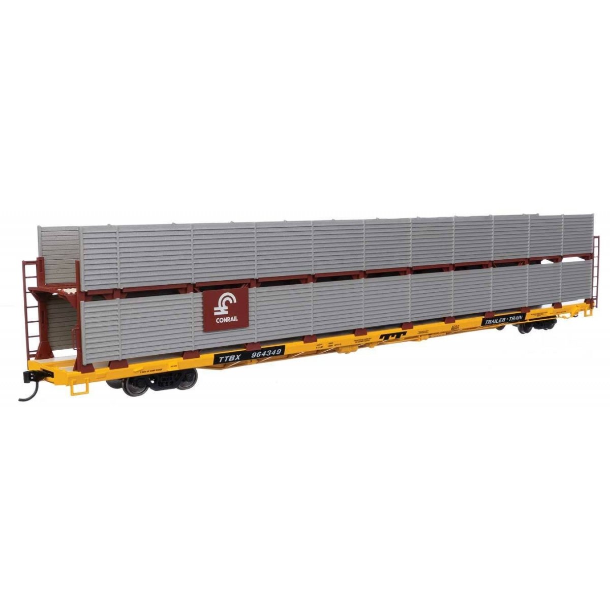89′ Flatcar w/Bi-Level Shielded Auto Rack - Ready to Run -- Conrail Rack / Trailer-Train Flatcar TTBX 964349