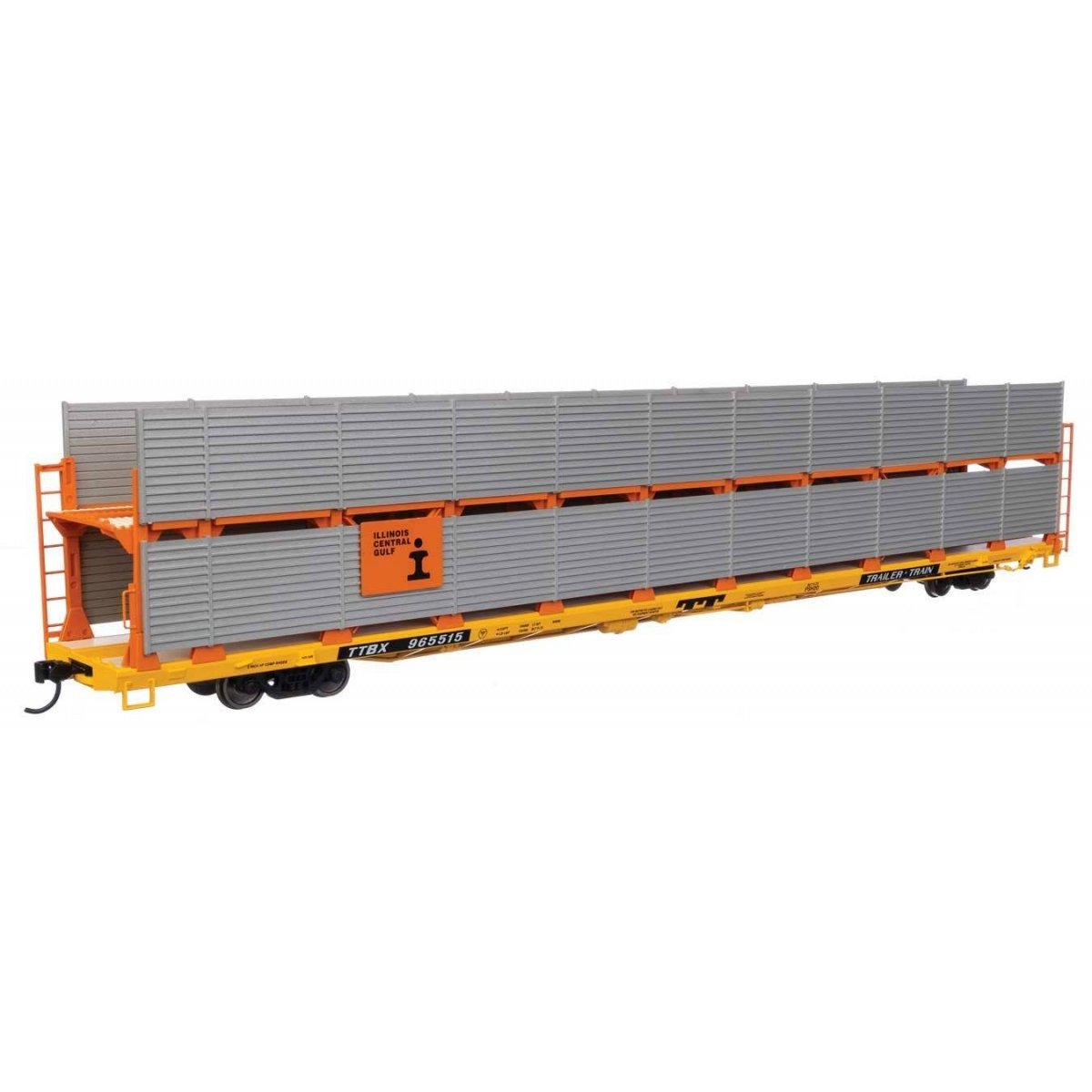 89′ Flatcar w/Bi-Level Shielded Auto Rack - Ready to Run -- Illinois Central Gulf Rack / Trailer-Train Flatcar TTBX 965515