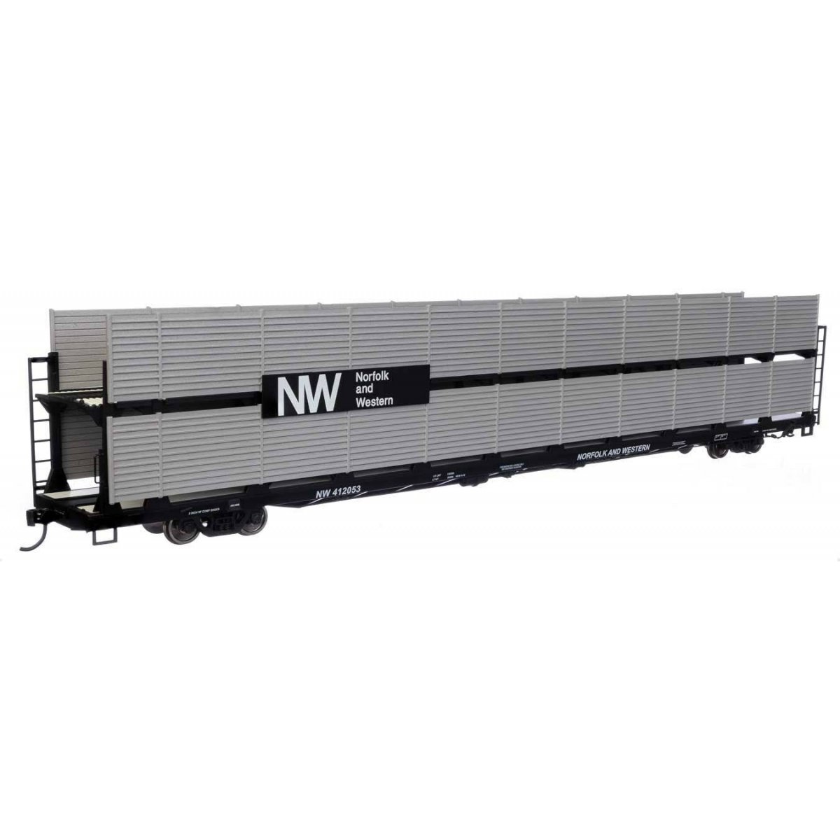 89′ Flatcar w/Bi-Level Shielded Auto Rack - Ready to Run -- Norfolk & Western Rack & Flatcar 412053