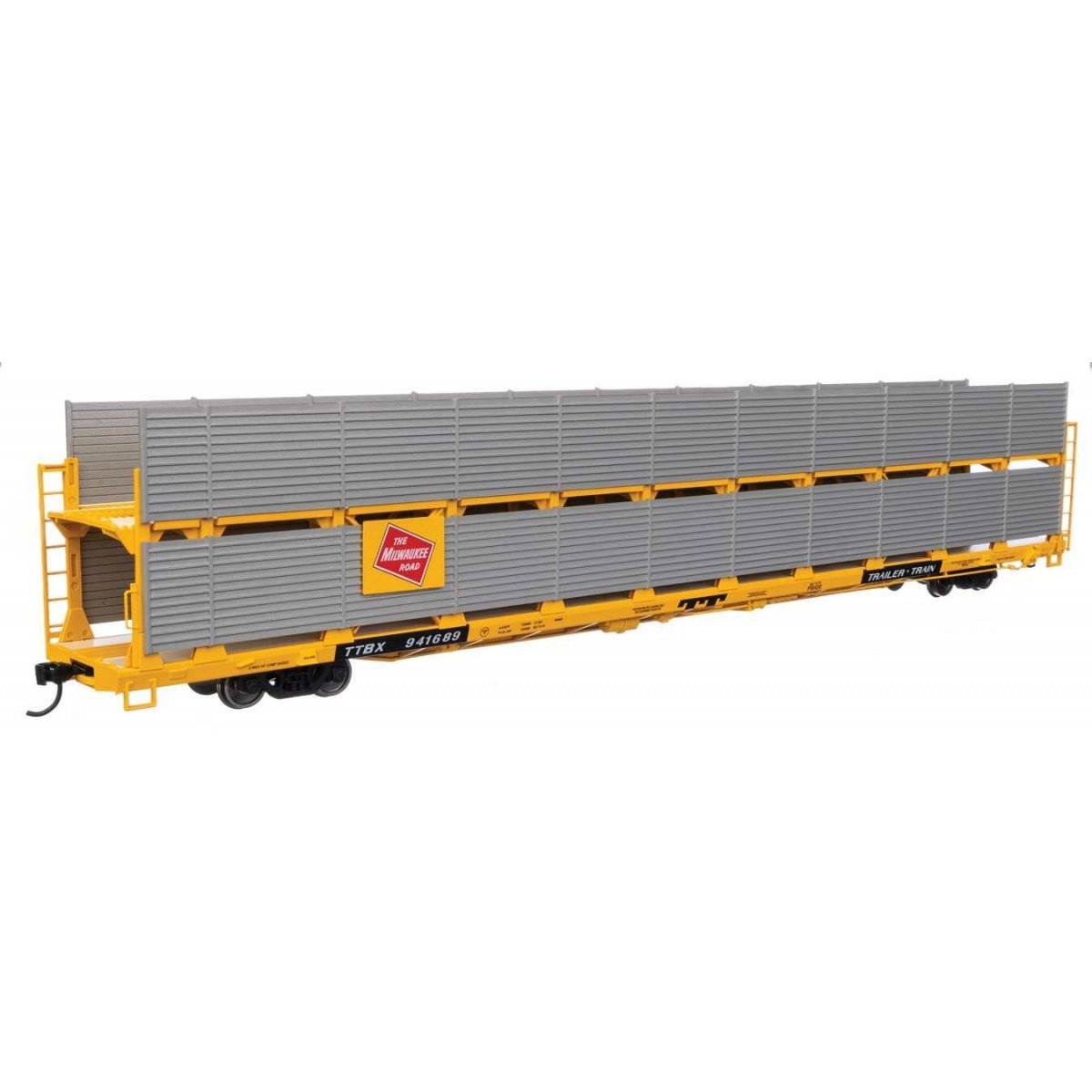 89′ Flatcar w/Bi-Level Shielded Auto Rack - Ready to Run -- Milwaukee Road Rack / Trailer-Train Flatcar TTBX 941689