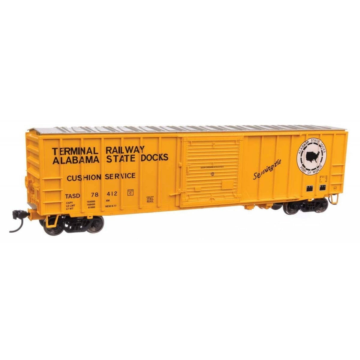 50′ ACF Exterior Post Boxcar - Ready to Run -- Terminal Railway Alabama State Docks TASD 78412 (yellow, white, black)