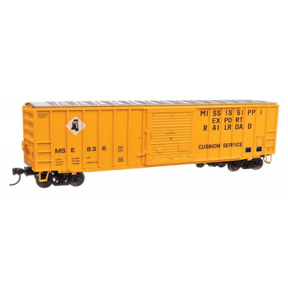 50′ ACF Exterior Post Boxcar - Ready to Run -- Mississippi Export Railroad MSE 836 (yellow, black, white)