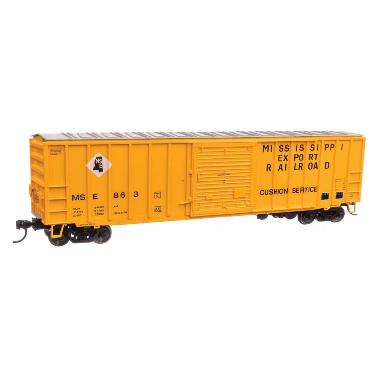 50′ ACF Exterior Post Boxcar - Ready to Run -- Mississippi Export Railroad MSE 863 (yellow, black, white)